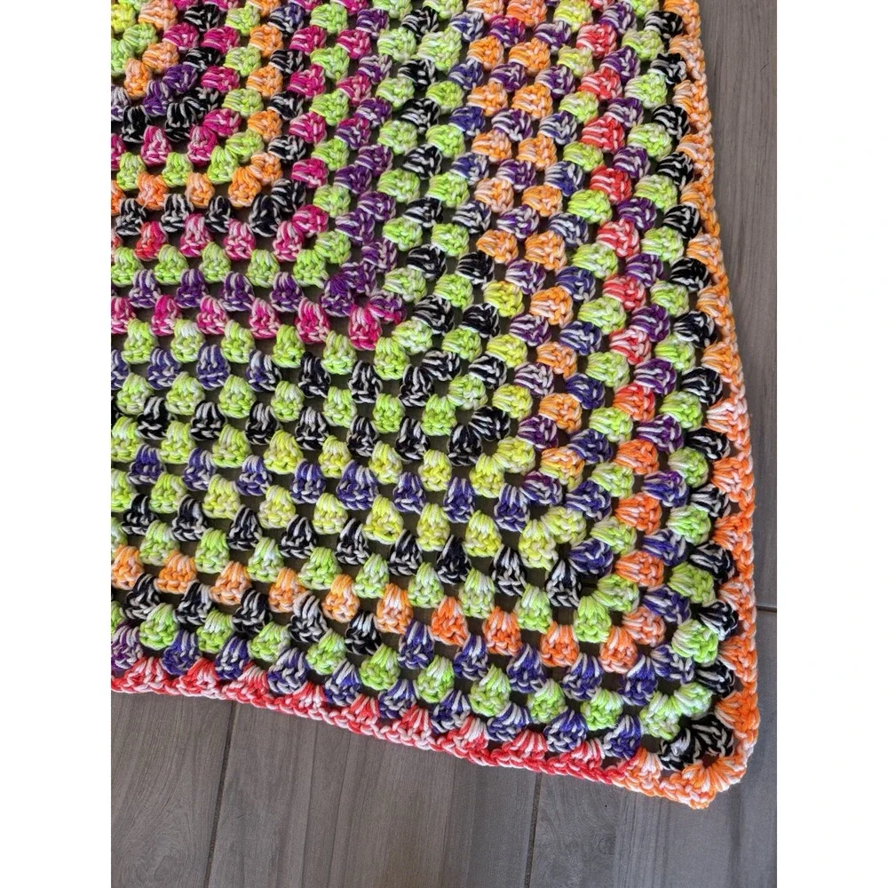 Handmade Rainbow Neon‎ Afghan Blanket Crochet 52x52 Throw Psychedelic Mid-Weight